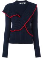 Msgm Ruffled Detail Ribbed Pullover, Women's, Size: Medium, Blue, Virgin Wool