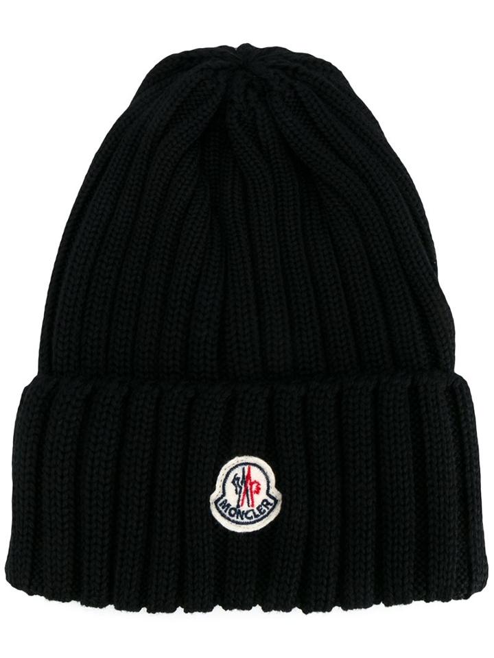 Moncler Logo Patch Beanie, Women's, Black, Virgin Wool