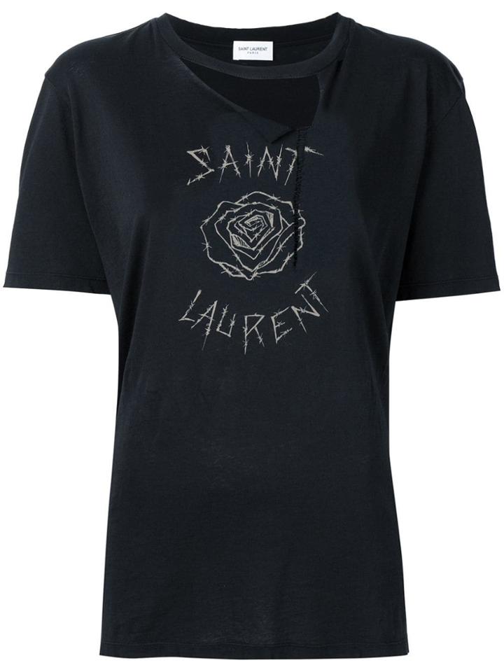 Saint Laurent Barbwire Logo Print Slashed T-shirt - Black