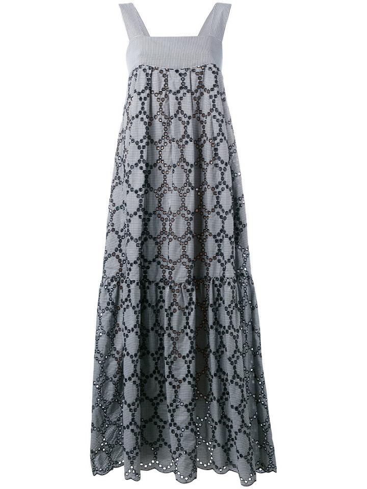 Erika Cavallini - Eyelet Detail Checked Long Dress - Women - Cotton/polyester - 40, Women's, White, Cotton/polyester
