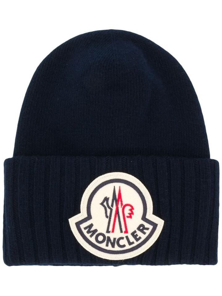 Moncler Oversized Logo Patch Beanie - Blue