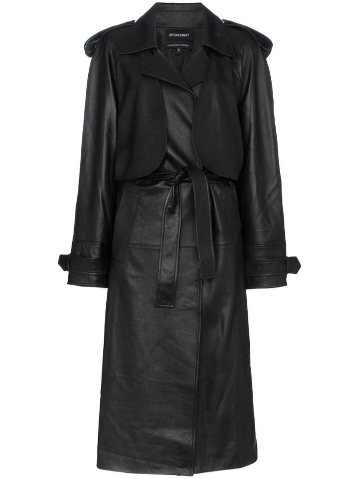 Situationist Belted Leather Trench Coat - Black