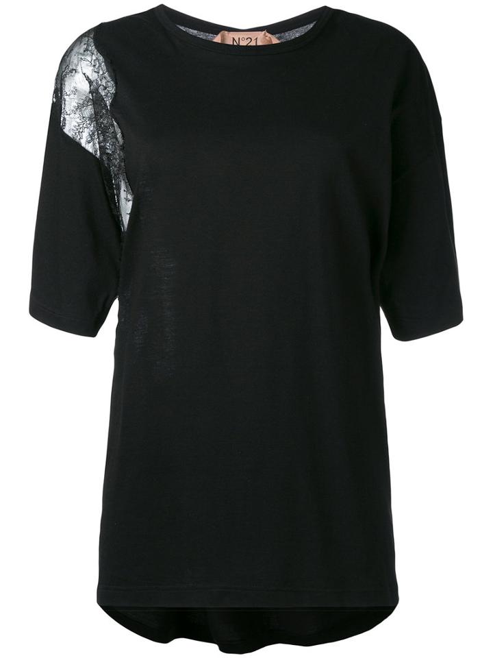 No21 - Lace Insert T-shirt - Women - Cotton/polyamide/viscose - 42, Women's, Black, Cotton/polyamide/viscose