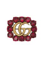 Gucci Metal Double G Brooch With Crystals - Red
