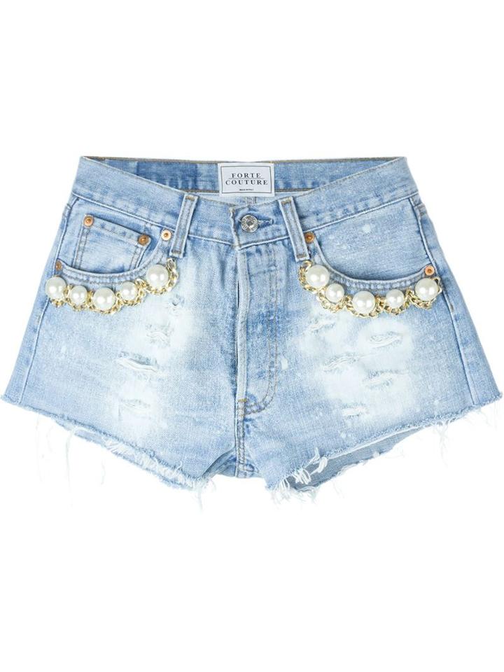 Forte Couture Pearl Detail Distressed Mini Shorts