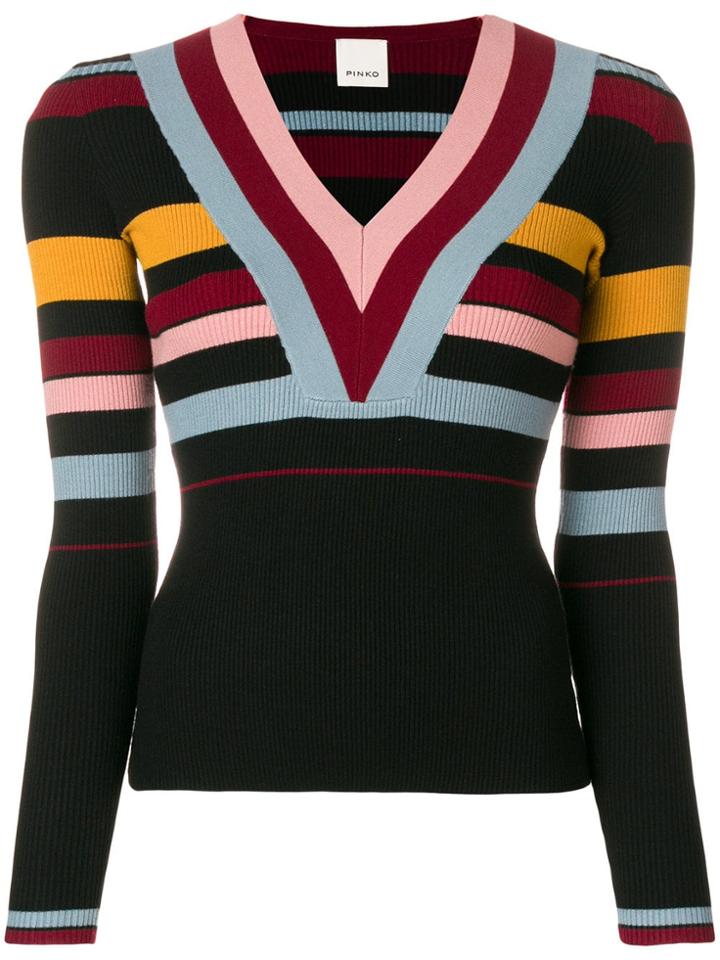 Pinko Striped V-neck Sweater - Blue