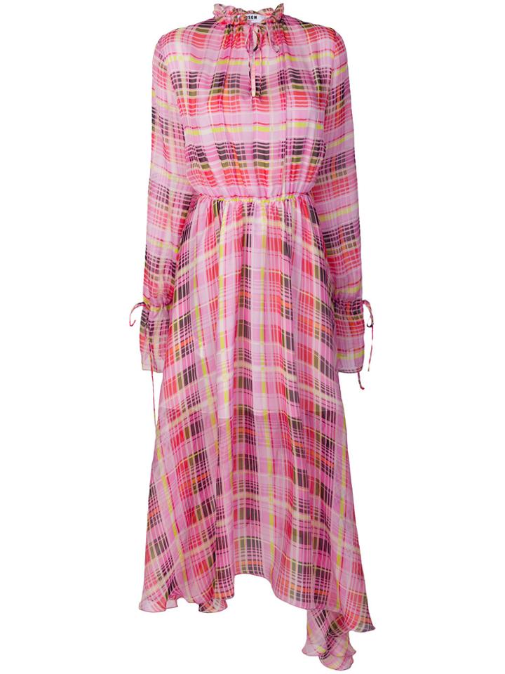 Msgm Sheer Check Asymmetric Dress - Pink & Purple
