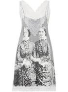 Burberry Lace Detail Victorian Portrait Print Silk Slip Dress - Grey