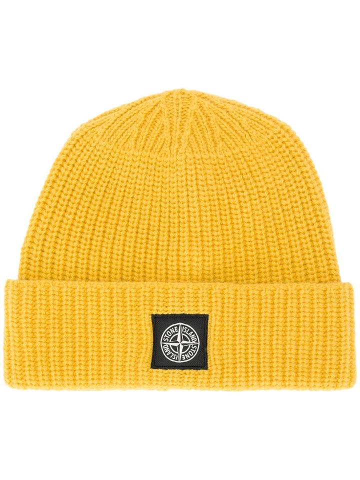Stone Island Knitted Logo Patch Beanie - Yellow & Orange