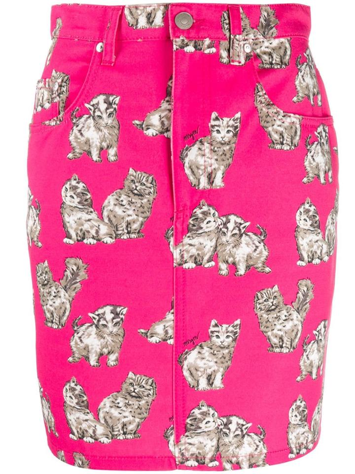 Msgm Cat Print Denim Skirt - Pink