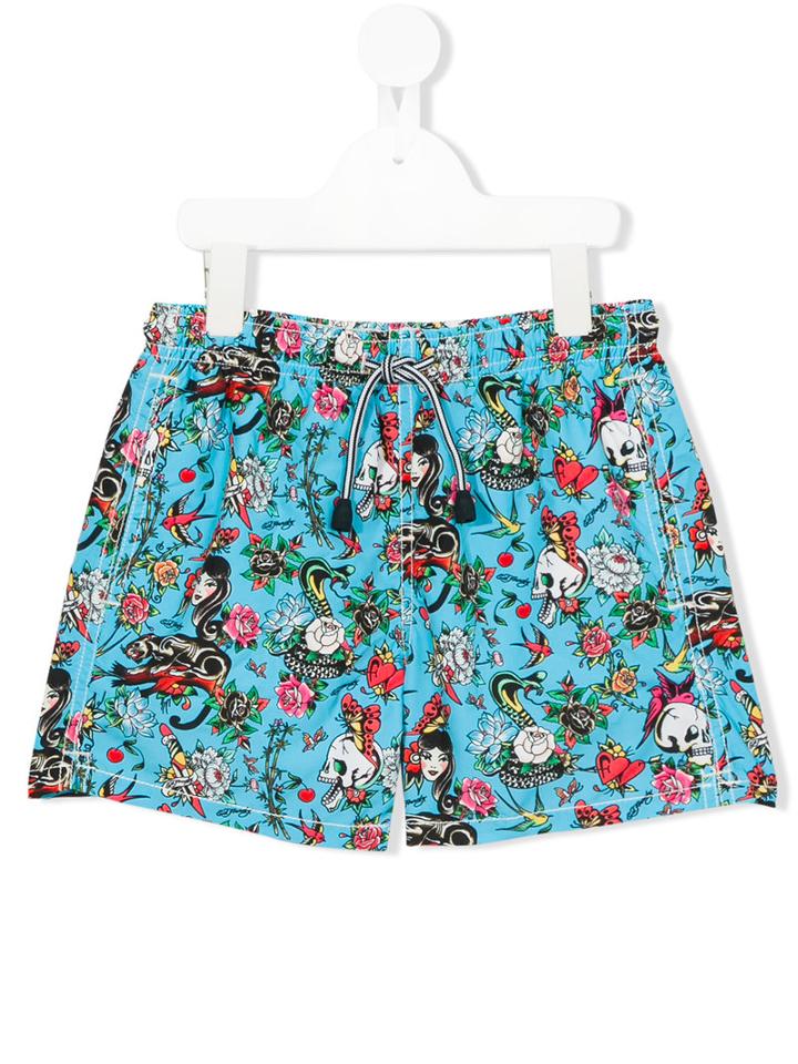 Mc2 Saint Barth Kids Mc2 Saint Barth Kids X Ed Hardy Tattoo Print Swim Shorts, Boy's, Size: 12 Yrs, Blue