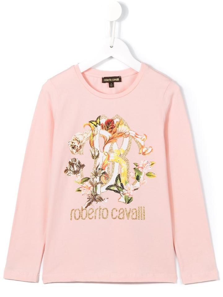 Roberto Cavalli Kids Floral And Butterfly Print T-shirt, Toddler Girl's, Size: 4 Yrs, Pink/purple