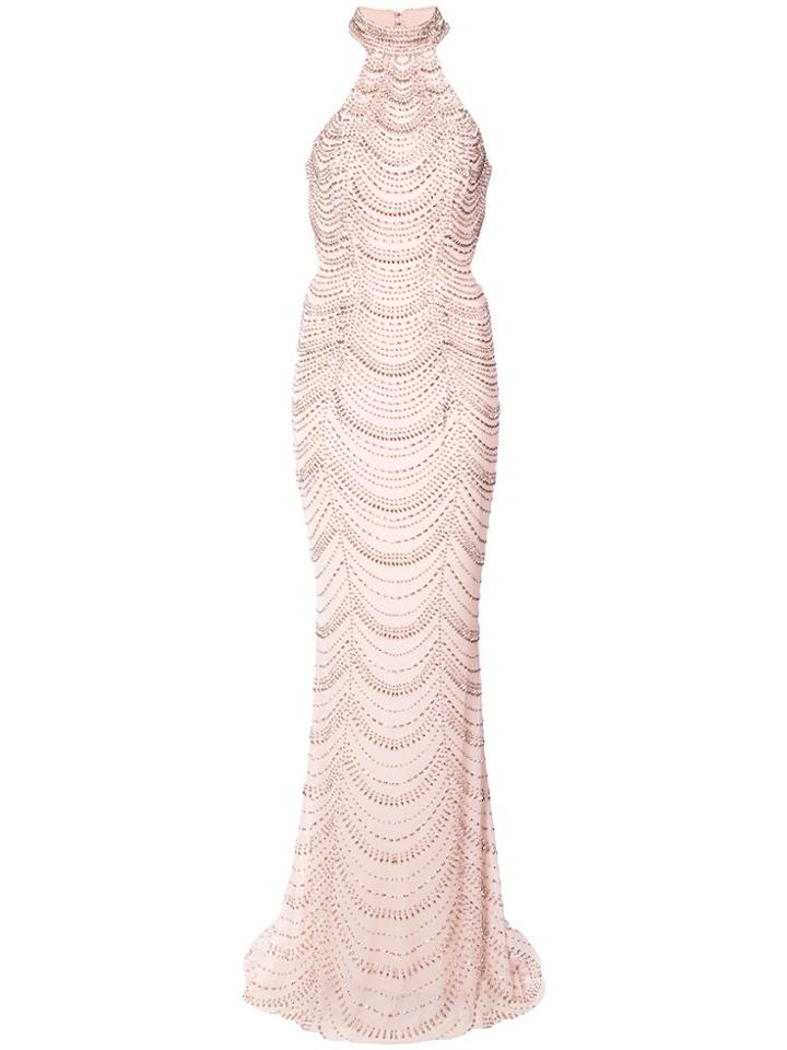 La Femme Beaded Fitted Gown - Pink & Purple