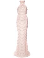 La Femme Beaded Fitted Gown - Pink & Purple