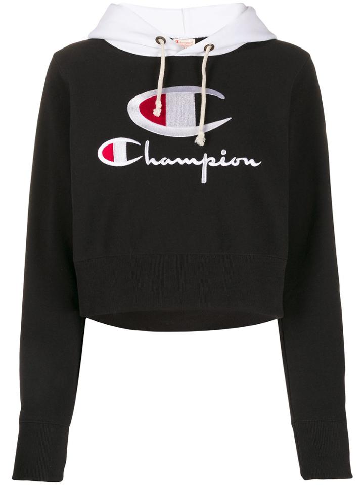 Champion Logo Cropped Hoodie - Black