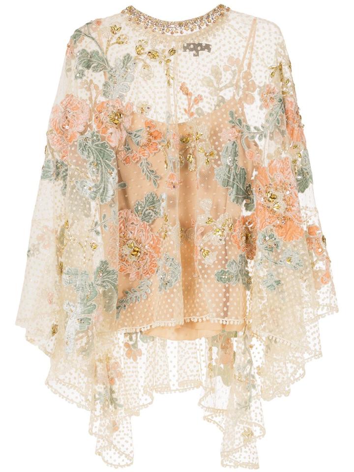 Biyan Floral-embroidered Tulle Poncho - Yellow