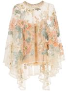 Biyan Floral-embroidered Tulle Poncho - Yellow