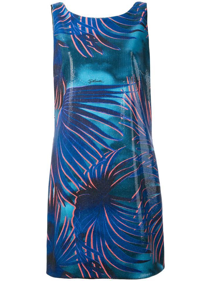 Just Cavalli - Leaves Print Varnish Dress - Women - Polyester/spandex/elastane/viscose - 44, Blue, Polyester/spandex/elastane/viscose