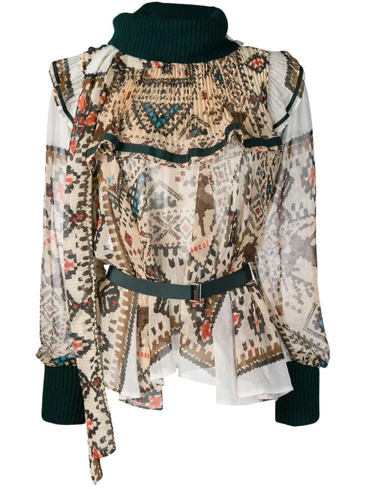 Sacai Printed Ruffle Rib Trim Blouse - Nude & Neutrals