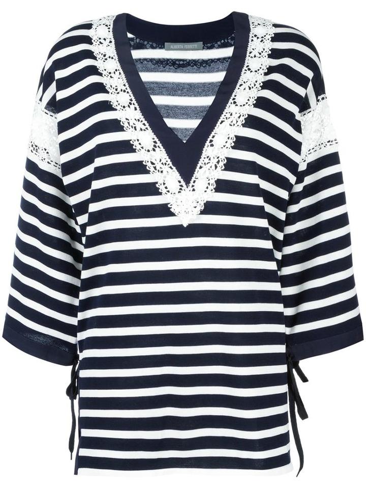 Alberta Ferretti Striped V-neck Jumper, Women's, Size: 44, Blue, Silk/cotton/acetate/other Fibers