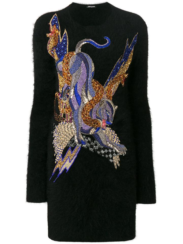 Balmain Crystal-embellished Panther Knitted Dress - Black