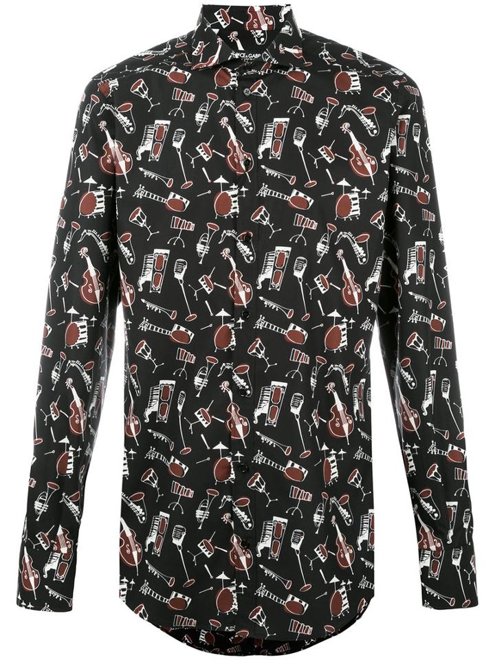 Dolce & Gabbana Musical Instrument Print Shirt, Men's, Size: 41, Black, Cotton