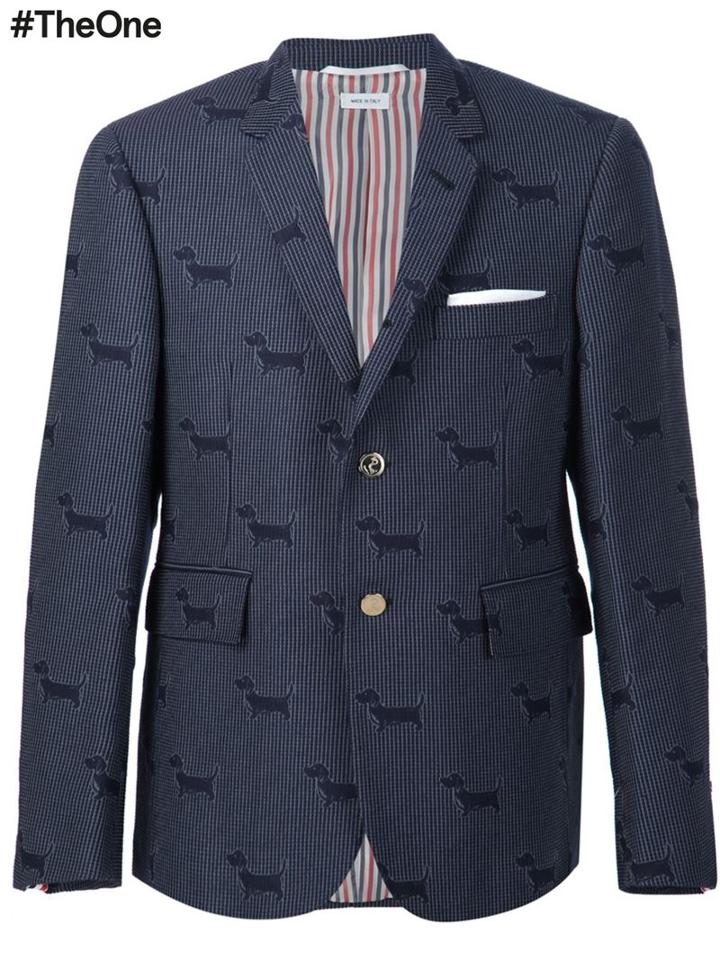 Thom Browne Dog Pattern Blazer, Men's, Size: I, Blue, Acrylic/polyester/wool