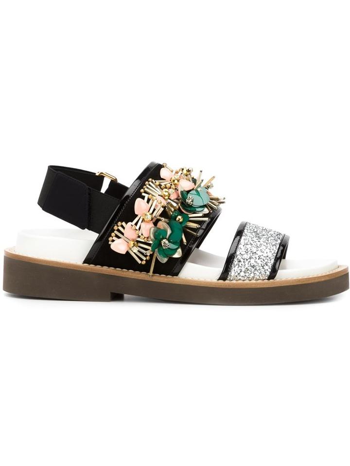 Marni Fussbett Embellished Sandals, Women's, Size: 38, Black, Vinyl/rubber/cotton/polyurethane