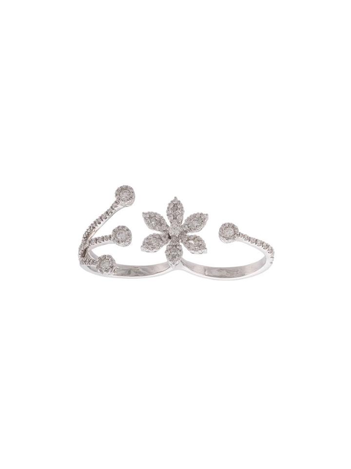 Yeprem 18kt White Gold Diamond Flower Two Finger Ring - Silver