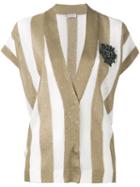 Brunello Cucinelli - Short Sleeve Stripe Cardigan - Women - Silk/linen/flax - M, Women's, Brown, Silk/linen/flax