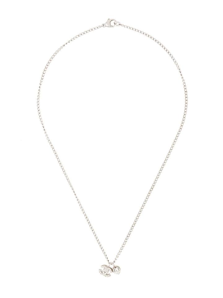 Chanel Vintage Cc Logos Rhinestone Pendant Necklace - Silver