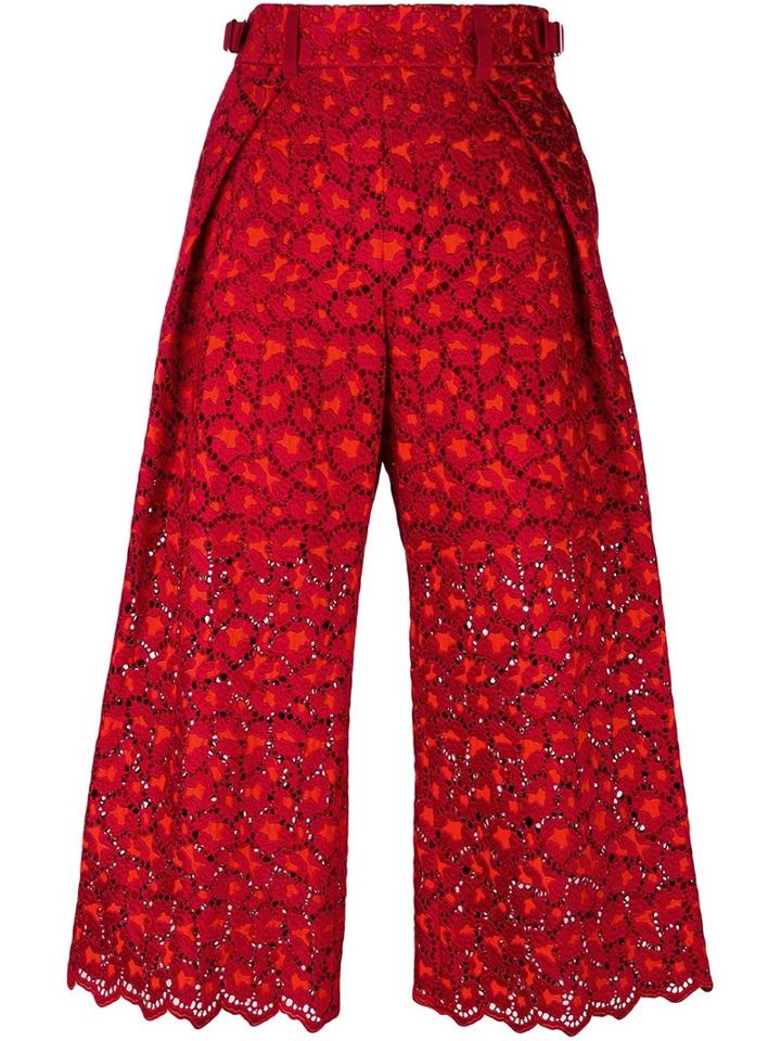 Sacai Guipure Lace Cropped Trousers, Women's, Size: 2, Red, Cupro/rayon/polyester/cotton