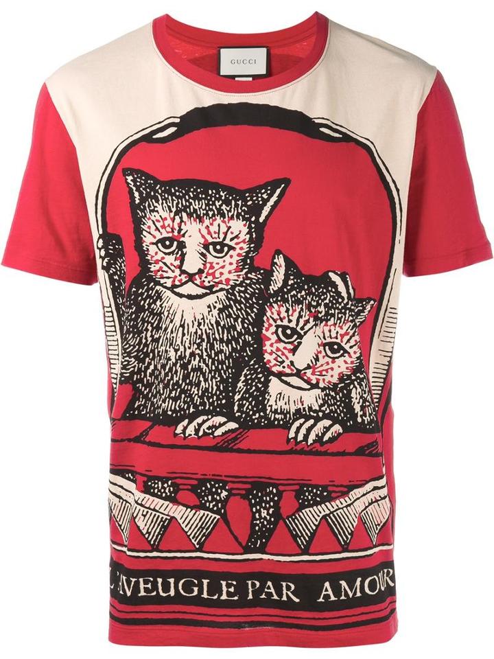 Gucci Cat Print T-shirt, Men's, Size: Xl, Red, Cotton