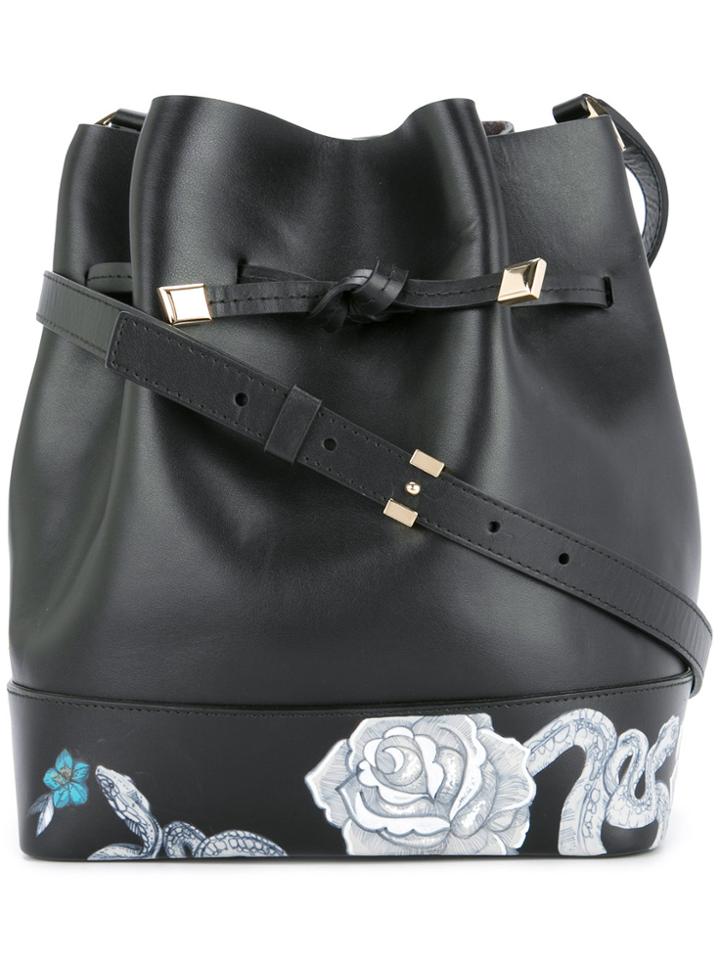 Demanumea Floral Drawstring Shoulder Bag - Black