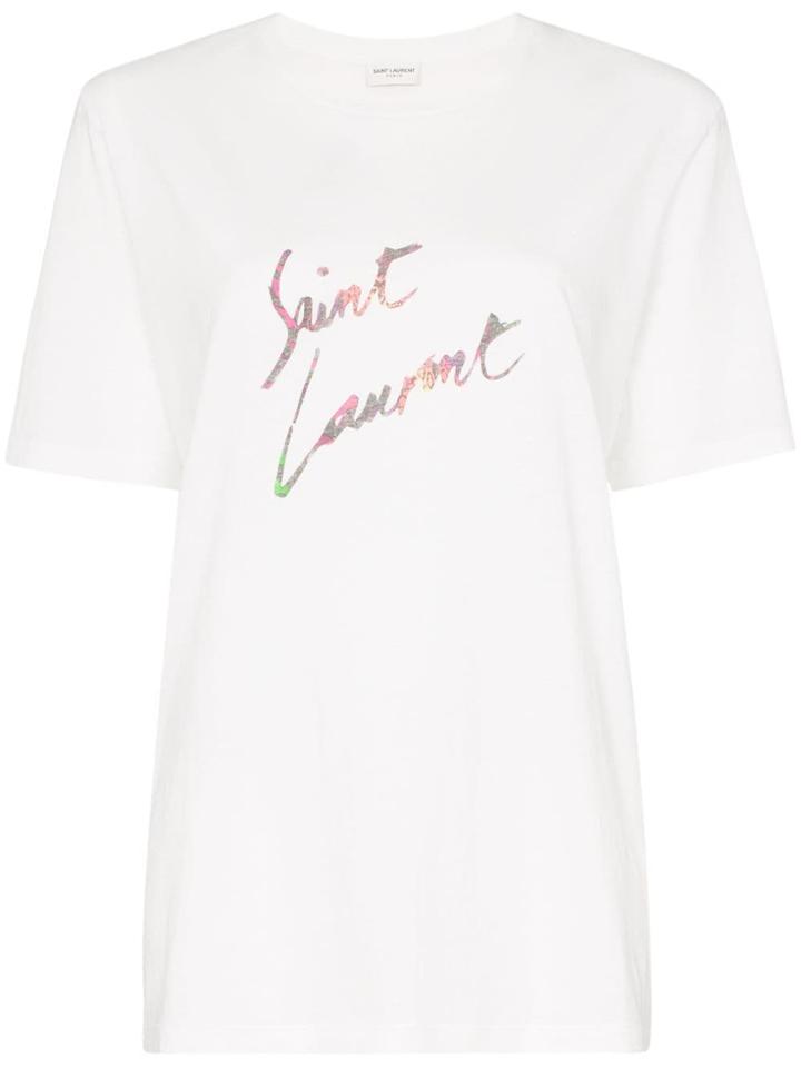 Saint Laurent Logo Print Cotton T-shirt - White