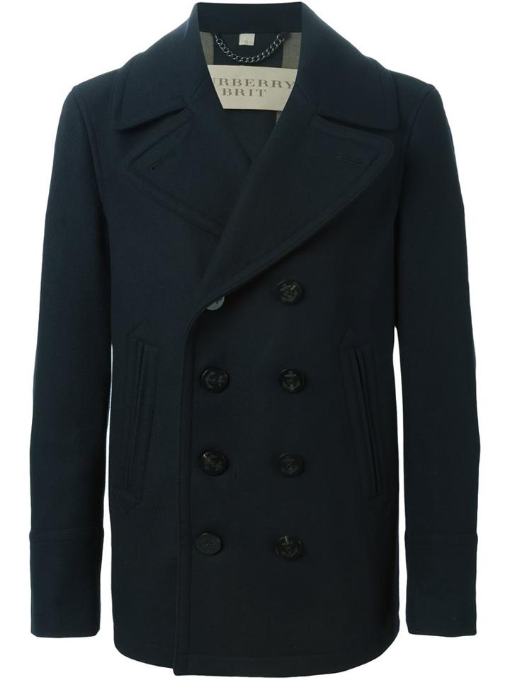 Burberry Double Breasted Jacket, Men's, Size: Large, Blue, Virgin Wool/cashmere/cotton/acetate