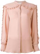 Masscob Collarless Ruffled Detailing Shirt, Women's, Size: Small, Pink/purple, Silk
