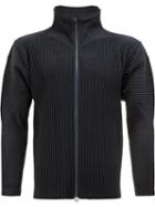 Homme Plissé Issey Miyake High Neck Ribbed Jacket, Men's, Size: 3, Blue, Polyester