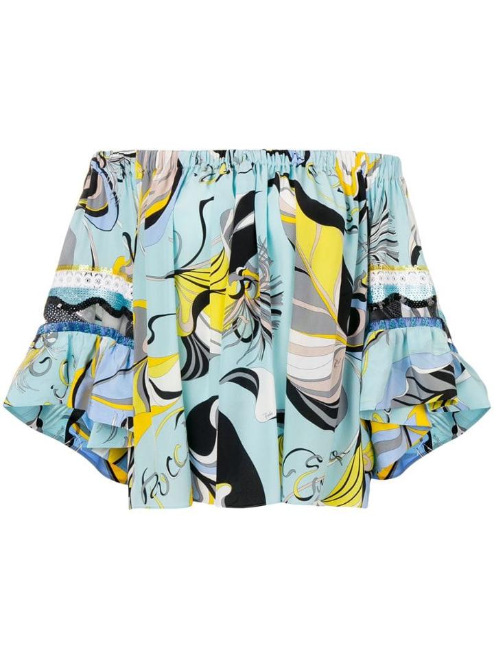 Emilio Pucci Embroidered Off-shoulder Frida Print Blouse - Blue