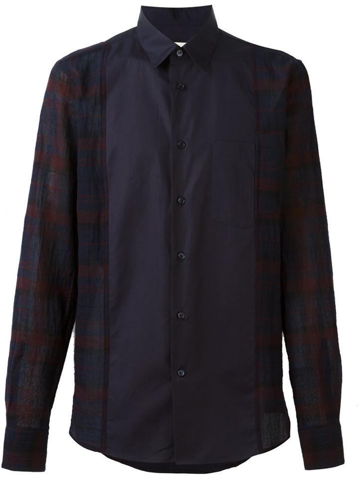 Marni Checked Panel Shirt, Men's, Size: 50, Blue, Cotton/virgin Wool