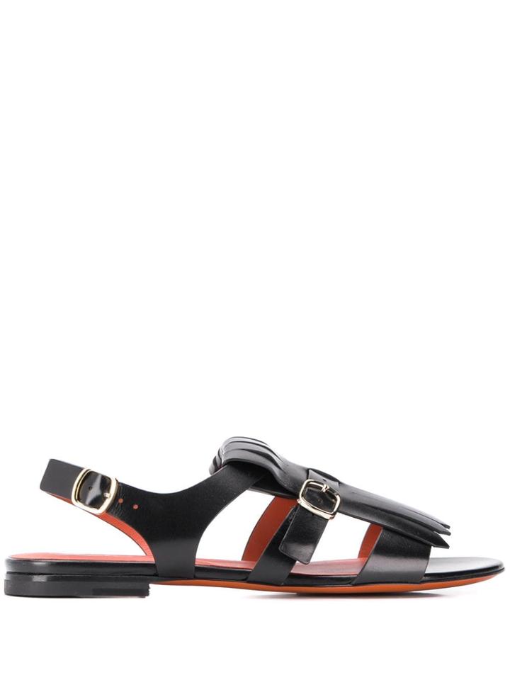 Santoni Fringe Flap Flat Sandals - Black