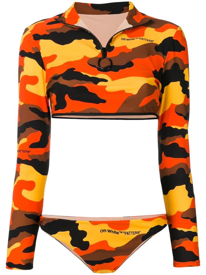 Off-white Camouflage Print Long-sleeved Bikini - Orange