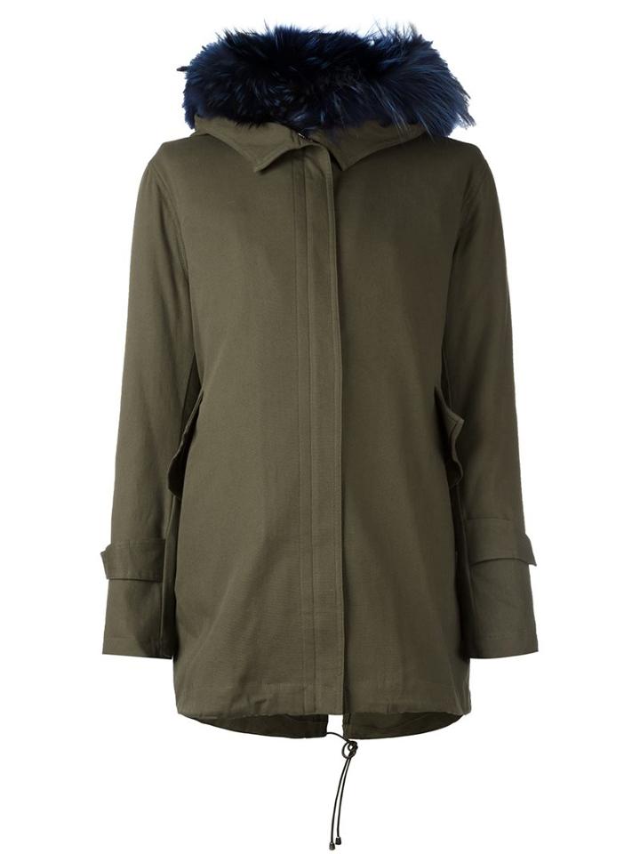 Forte Couture Long Trim Detail Coat, Women's, Size: 40, Green, Acrylic/polyester/acetate/racoon Fur