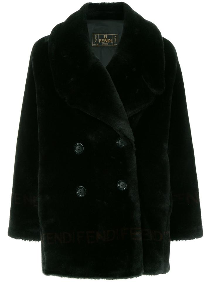 Fendi Vintage Logo Fake Fur Coat - Black