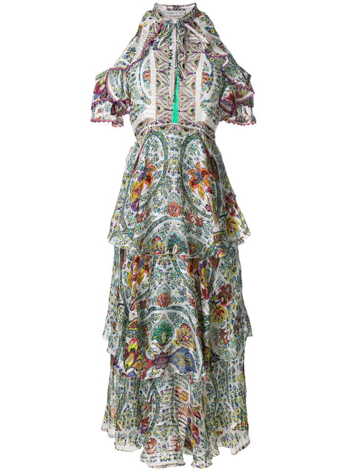 Etro Printed Ruffled Cold Shoulder Dress - White