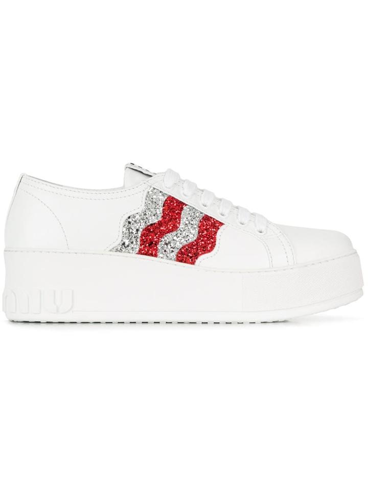 Miu Miu Glitter Platform Sneakers - White