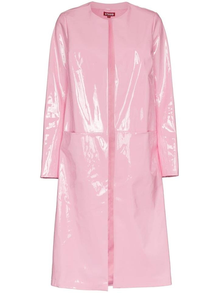 Staud Collarless Patent Coat - Pink