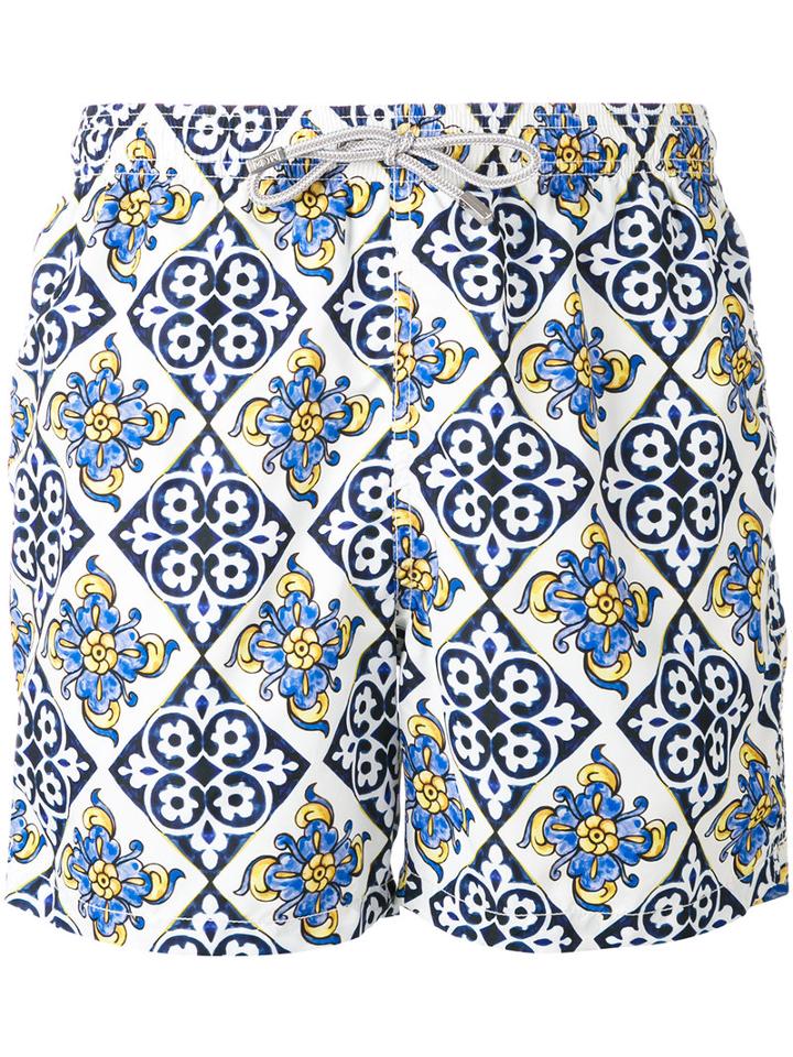 Mc2 Saint Barth - Tile Print Swim Shorts - Men - Polyamide/polyester/spandex/elastane - S, White, Polyamide/polyester/spandex/elastane