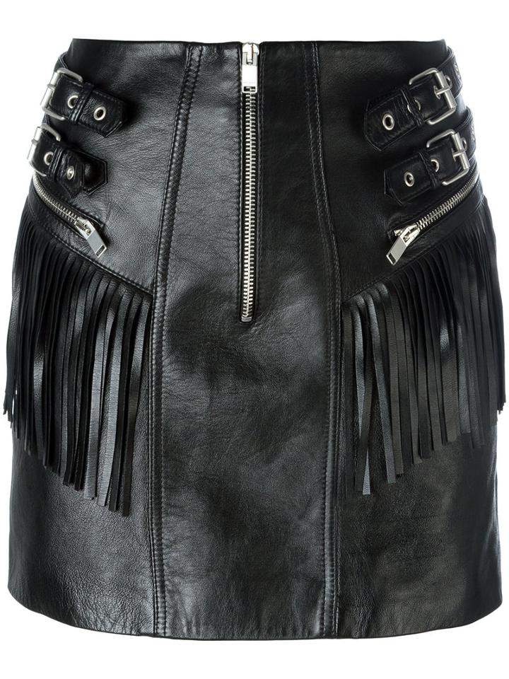 Saint Laurent Fringed Leather Mini Skirt, Women's, Size: 40, Black, Silk/lamb Skin