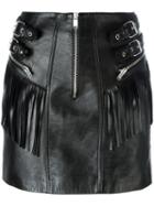 Saint Laurent Fringed Leather Mini Skirt, Women's, Size: 40, Black, Silk/lamb Skin